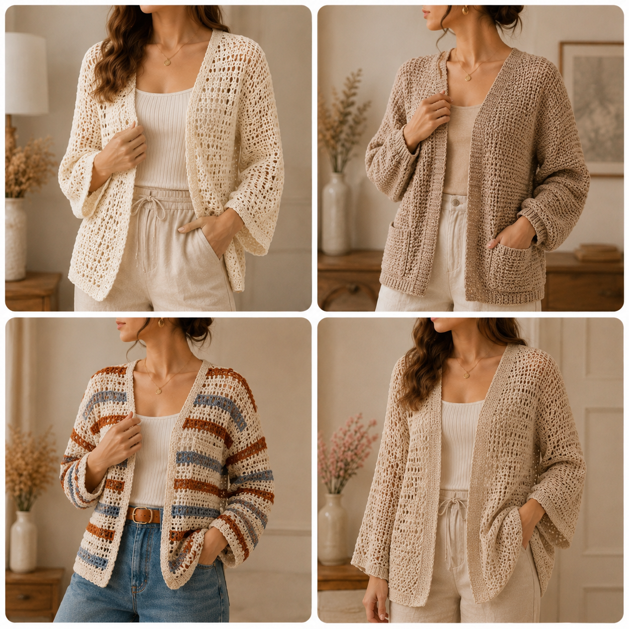 Mosaico de cardigans leves vazados